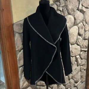 NWT Venario Black Open Front Cascade Boiled Wool Cardigan M